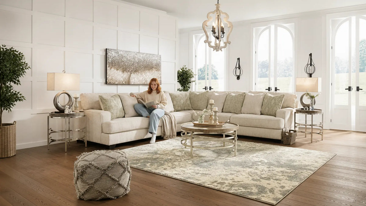 woman cozy sitting in a sectional with furniture guide in calgary